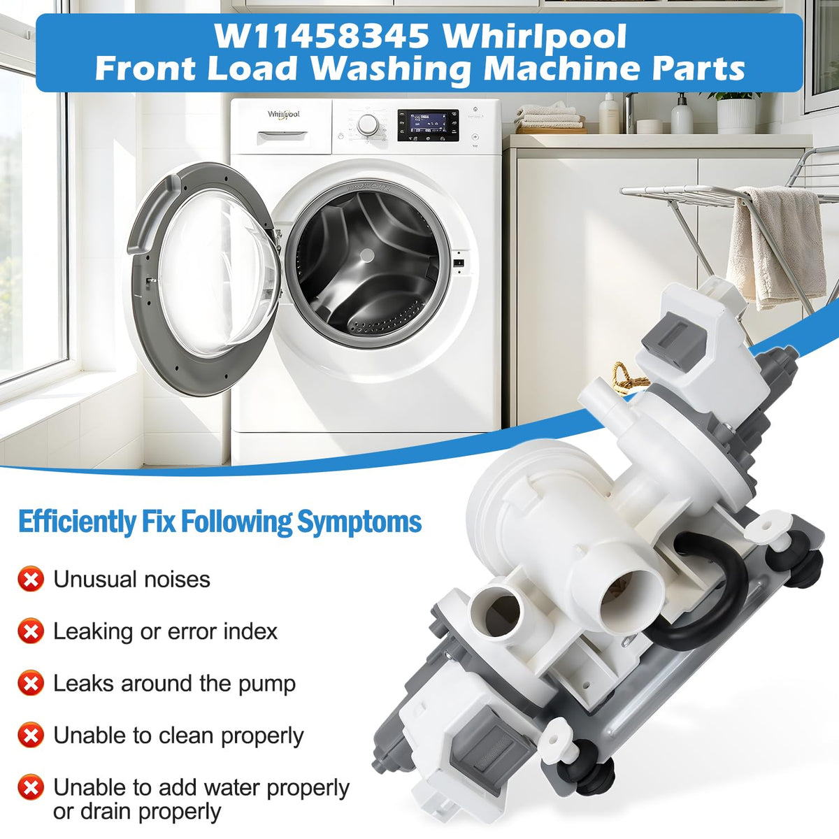 Upgraded W11458345 Washer Drain Pump W10918608 W11316609 W11319789