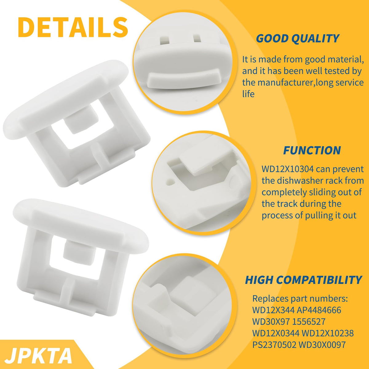 2 Pack WD12X10304 Dishwasher Upper Rack Slide End Cap Stop Clip Replacement Part by JPKTA Compatible with GE Hotpoint Kenmore Dishwashers Top Rack Repalces AP4484666 WD30X97 1556527 WD12X0344
