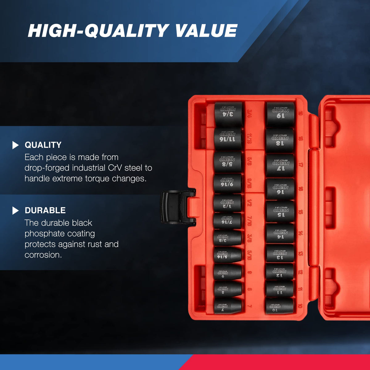 NEIKO 02432A 3/8” Drive SAE and Metric Impact Socket Set, 21 Shallow Pieces, SAE 5/16” to 3/4”, 7mm to 19mm, Premium Cr-V Steel, 6-Point Hex Design, Corrosion Resistant Coating
