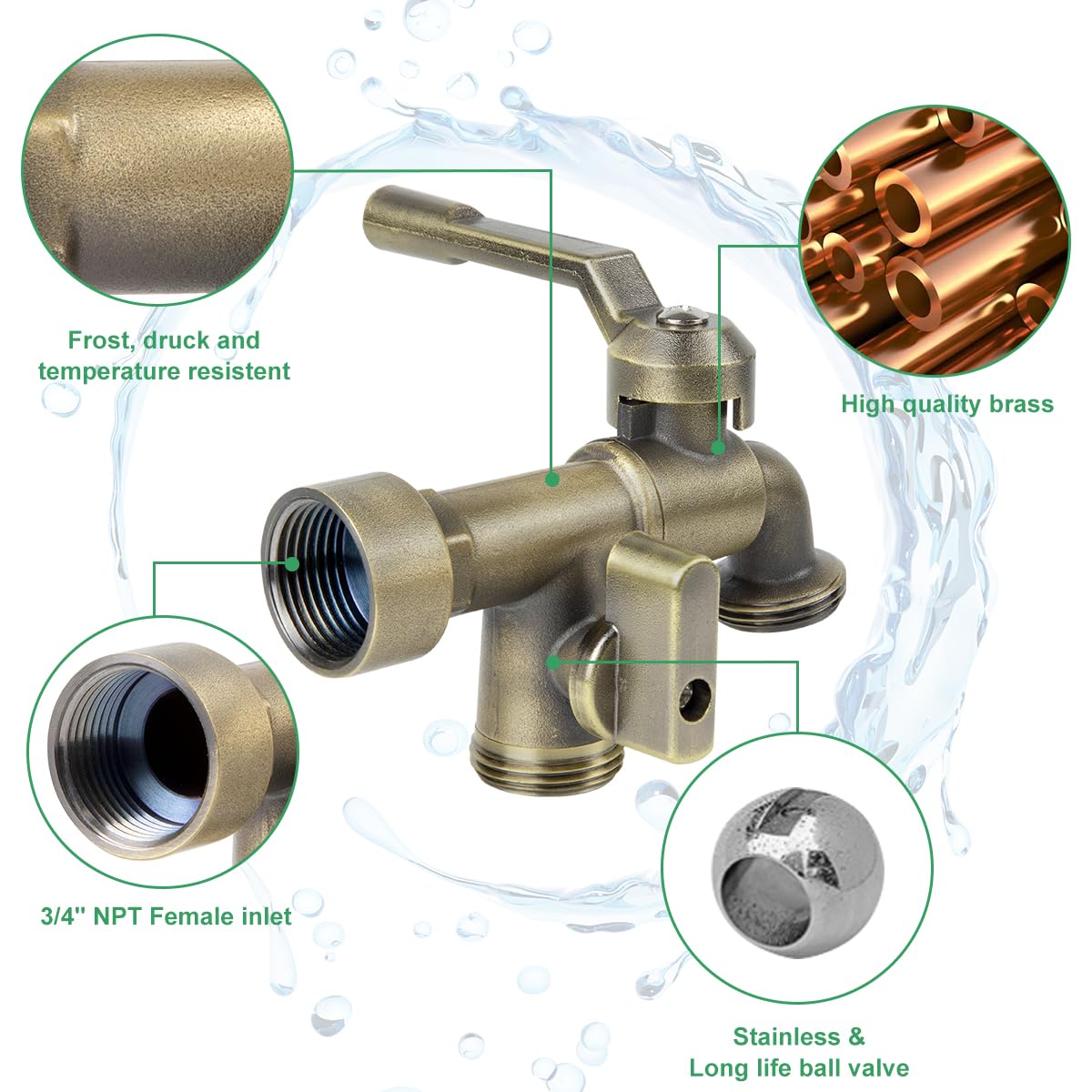 Outdoor Double Taps Water Faucet, Wall Mounted Garden Two 3/4 inch Brass Ball Valves Water Tap Splitter, Frost-Proof Outside Spigot Replacement with 2 Outlets for Home, Balcony, Hose Connector