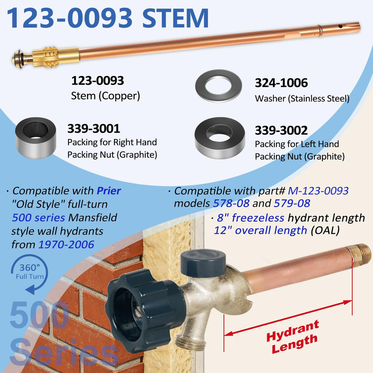 123-0093 Stem Assembly Replacement fit for Prier 500 Series Mansfield Style Wall Hydrants Sillcock, 12-inch Overall Length