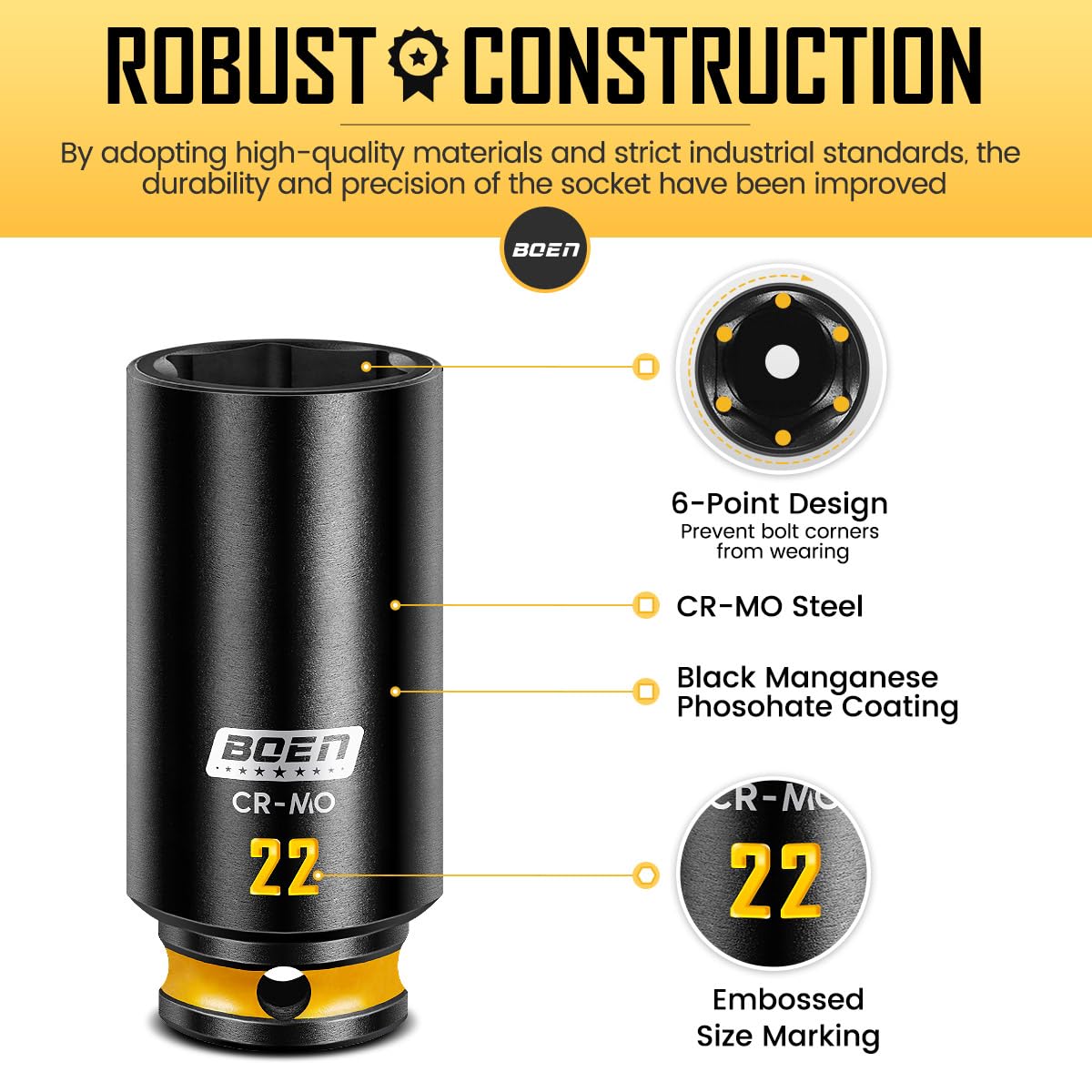 boen 3/8'' Drive Impact Socket Set, 50PCS Standard SAE (5/16 to 3/4 inch) and Metric (8mm-22mm), Deep & Shallow Size, 6-Point with Yellow Embossed Marking, CR-MO