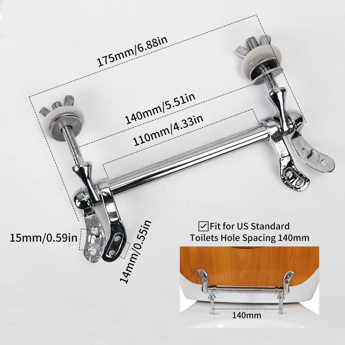 Meaferks Toilet Seat Hinges, Resistant Chrome Finish, Fixed 140mm Standard Toilets Hole Distance, Easy Installation, Replacement Parts for Wood Toilet Seats (MFH01)