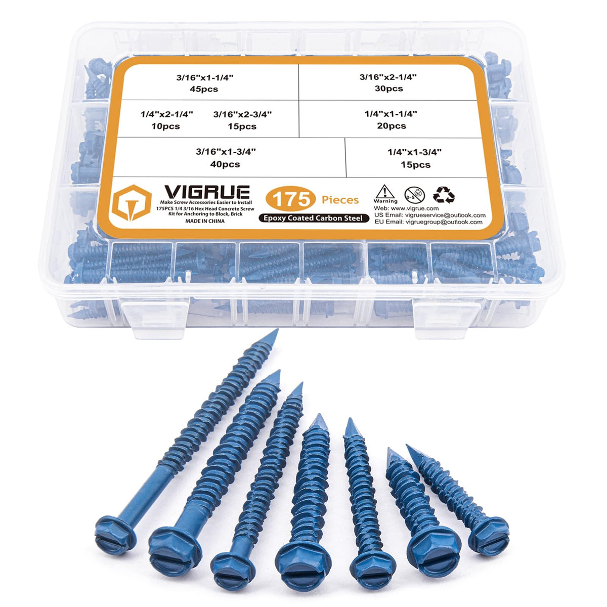 VIGRUE 175PCS Concrete Screws Assortment Kit 1/4" x 1-1/4" to 2-1/4" and 3/16" x 1-1/4" to 2-3/4" 175PCS Hex Head Cement Screws Set Diamond Point for Anchoring to Masonry, Block or Brick