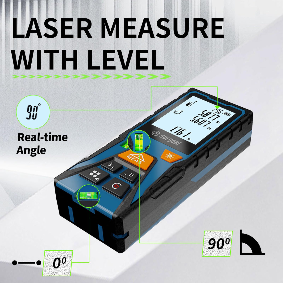 Laser Distance Measure Backlit LCD with Bubble Levels Enhanced-Bright 393FT