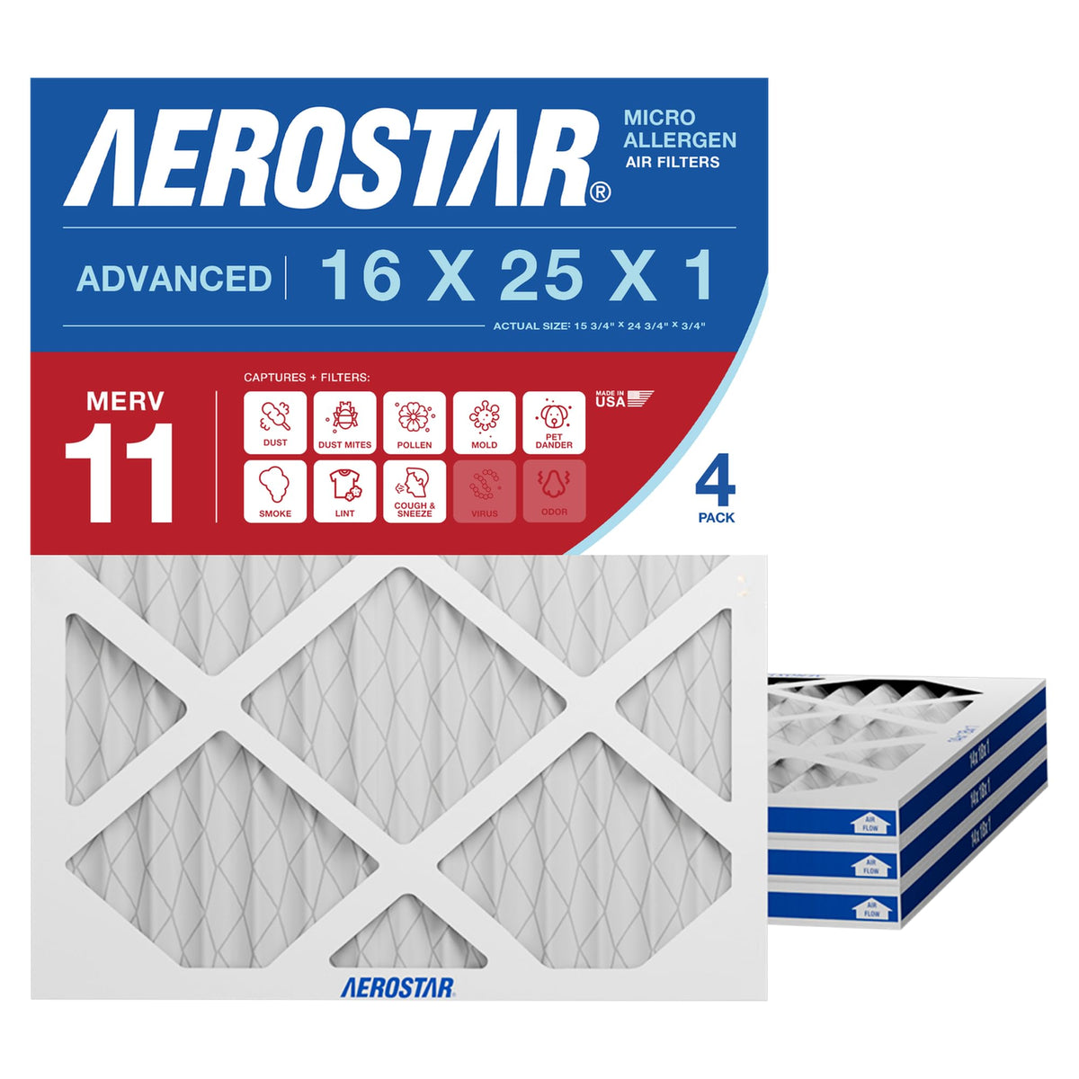 Aerostar Air Filter 16x25x1 MERV 8 AC Filter, HVAC, Furnace Filter, 4 Pack