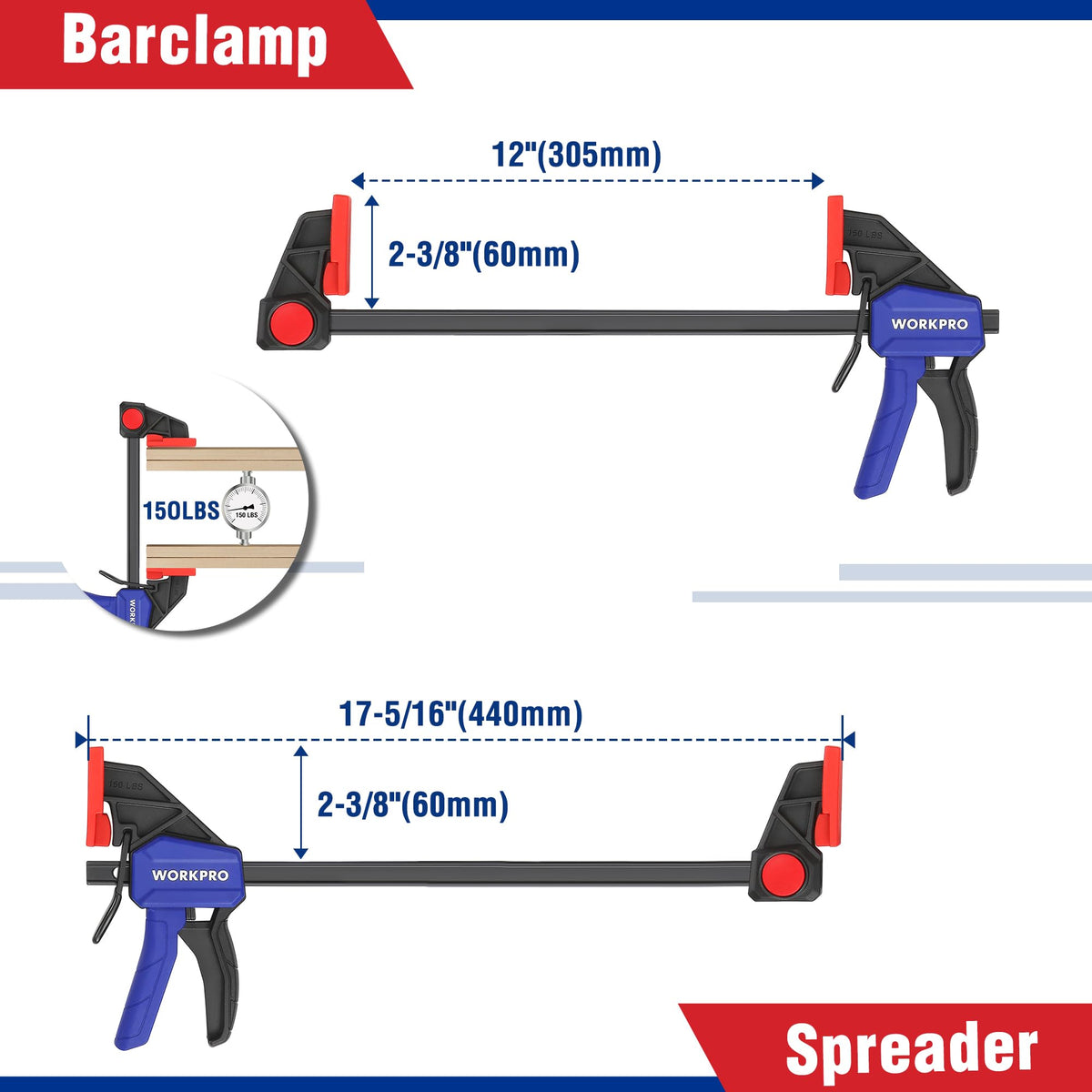 WORKPRO 10-Pack Clamps for Woodworking, 12" & 6" Bar Clamps, 2 Quick-Release Ratcheting Wood Clamps and 4 Spring Clamps, Light Duty F Clamps/Spreader 150 LBS Load Limit