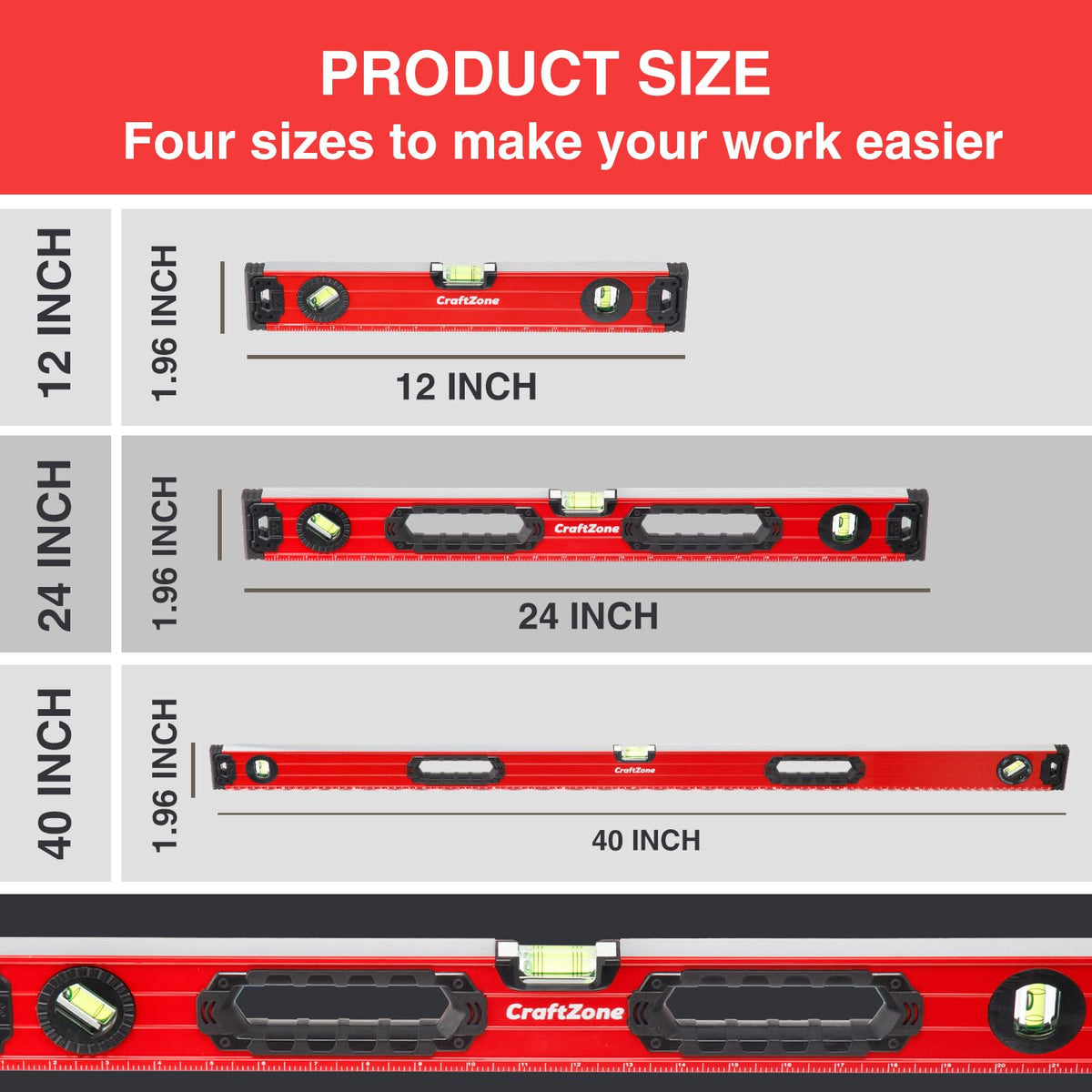 CRAFTZONE 3PC Magnetic Spirit Level Set 12",24",40" Torpedo Level