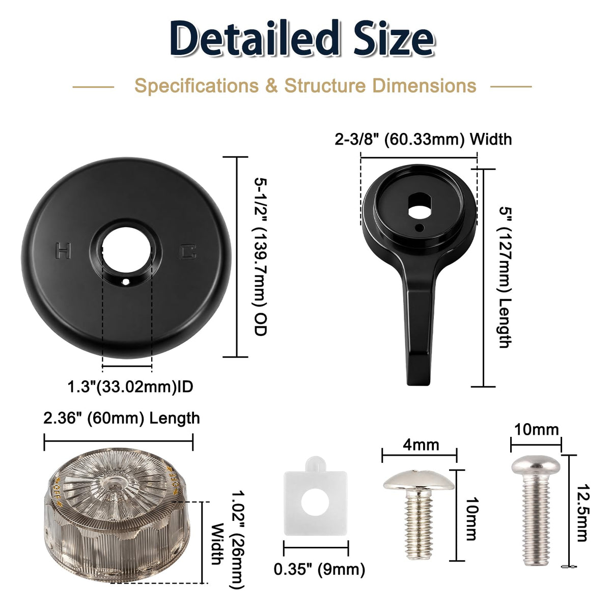 Shower Valves 5-1/2" Trim Kit, Compatible with Mixet MTR-5, Compatible with Mixet Tub and Shower Faucets, Includes 5-1/2 Inch OD Black Flange, Temperature Handle and Volume Control Handle