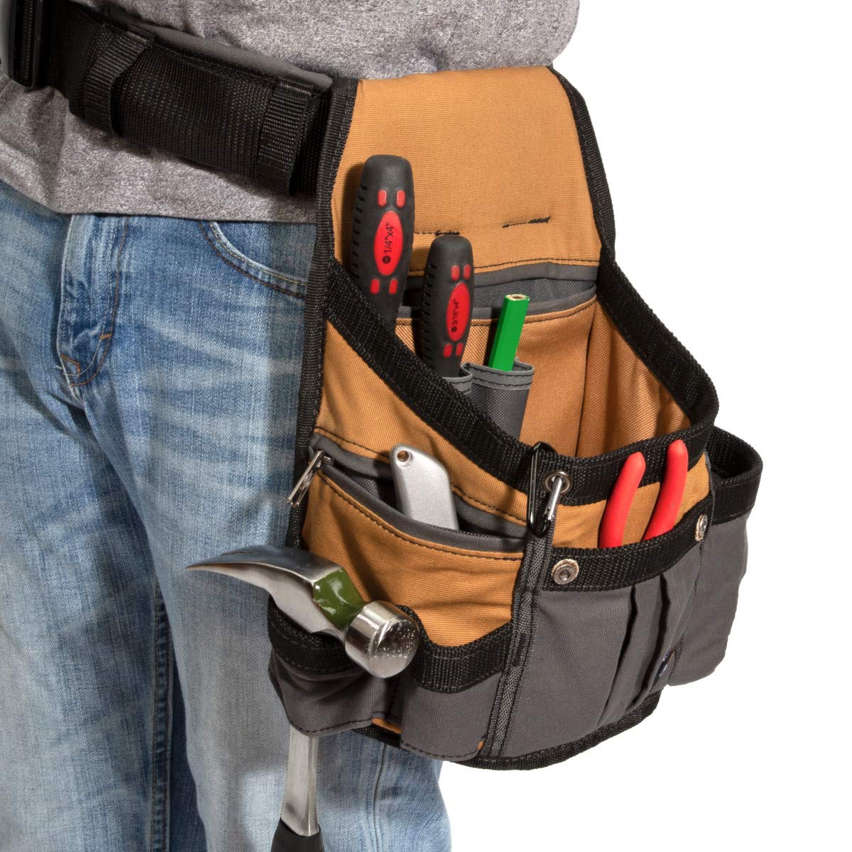 Dickies 8-Pocket Padded Tool Belt/Utility Pouch, Adjustable 3-Inch Belt, Durable Canvas Construction, Tan/Grey