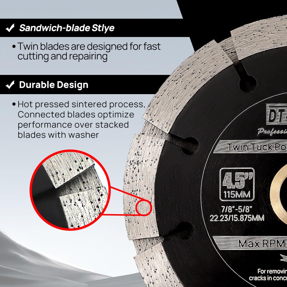 DT-DIATOOL Sandwich Tuck Point Blade - 4-1/2 Inch Mortar Raking Crack Chaser Dual Diamond Blade 7/8"-5/8" Arbor for Mortar Removal,Grout Concrete Asphalt Surfaces Repair,Masonry Brick Stone Cutting