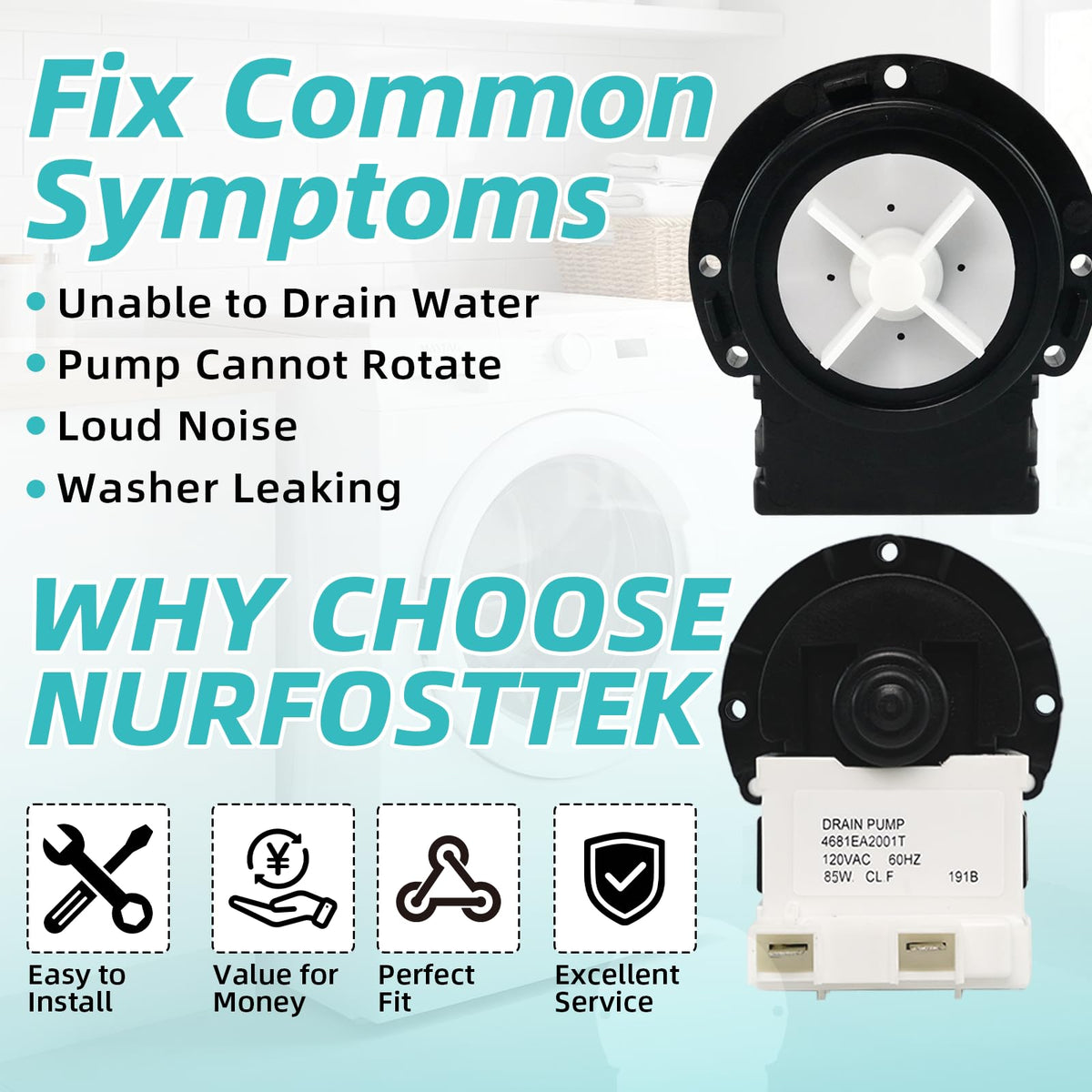 4681EA2001T Washer Drain Pump, Fit for Kenmore, LG, Replaces 4681EA1007D