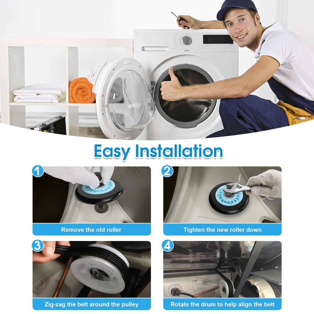 Dryer Repair Kit Replacement for Samsung Drum Roller DC97-16782A, Dryer Belt 6602-001655, Idler Pulley DC93-00634A, fits DV48H7400EW/A2 DV40J3000EW/A2 DV45H7000EW/A2 DV52J8700EP/A2 DV448AEP DV419AEW