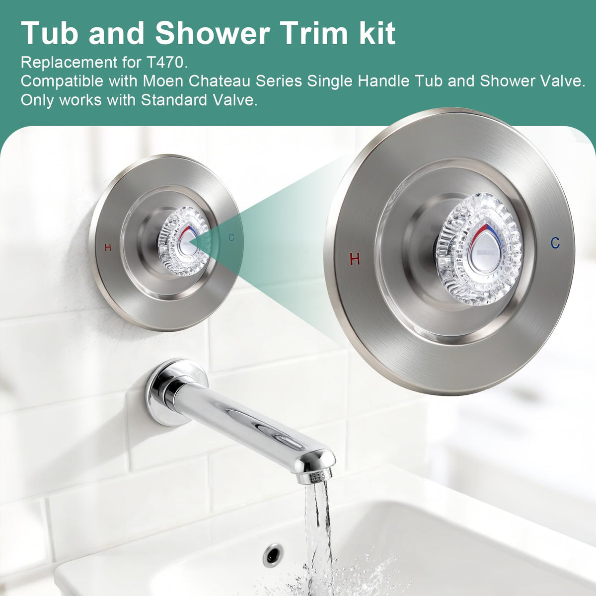 T470 Shower Trim Kit, Compatible with Moen Chateau Shower Trim Kit, Single-Handle Tub/Shower Valve Trim, Includes Escutcheon, Tubes, Screws and Shower Handle