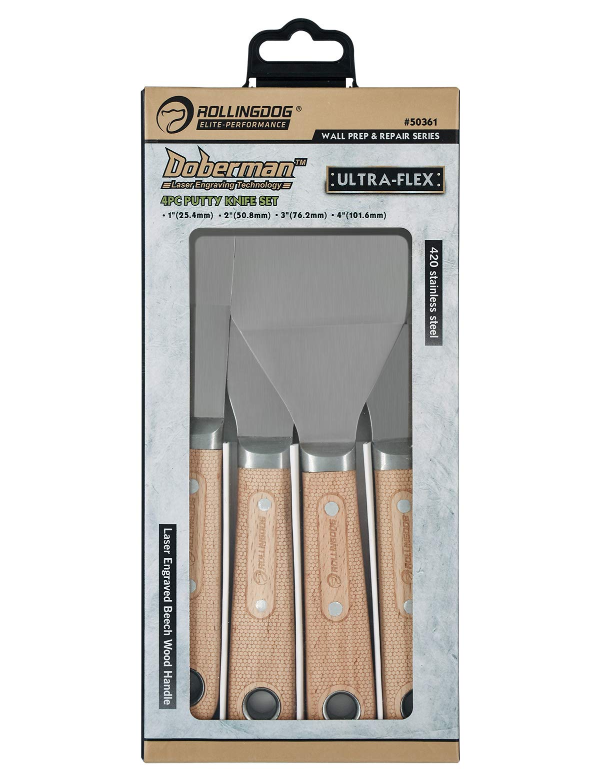 ROLLINGDOG 4PC(1",2",3",4") Putty Knife Scraper Set with Full Tang Ultra Flexible High Tensile Stainless Steel Blade,Perfect for Scraping, Cleaning, Spreading on Drywall Repairs