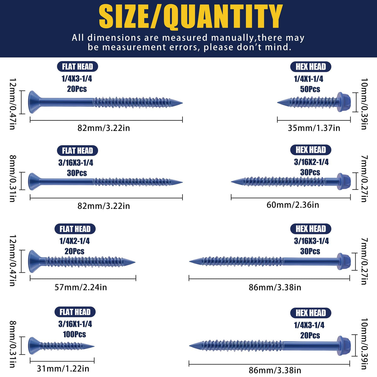 Bonost 300-Piece Concrete Screws Assortment Kit, 1/4 & 3/16 in, 8 Sizes