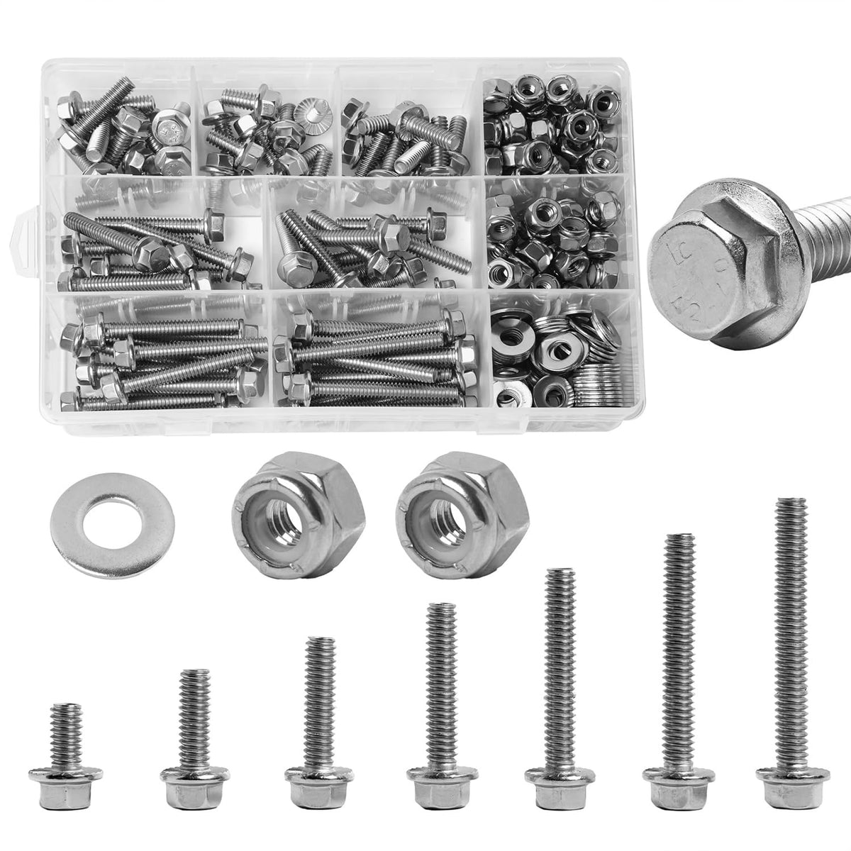 1/4-20 Flange Hex Bolts Assortment with Nylon Lock Nuts, Flat Washers