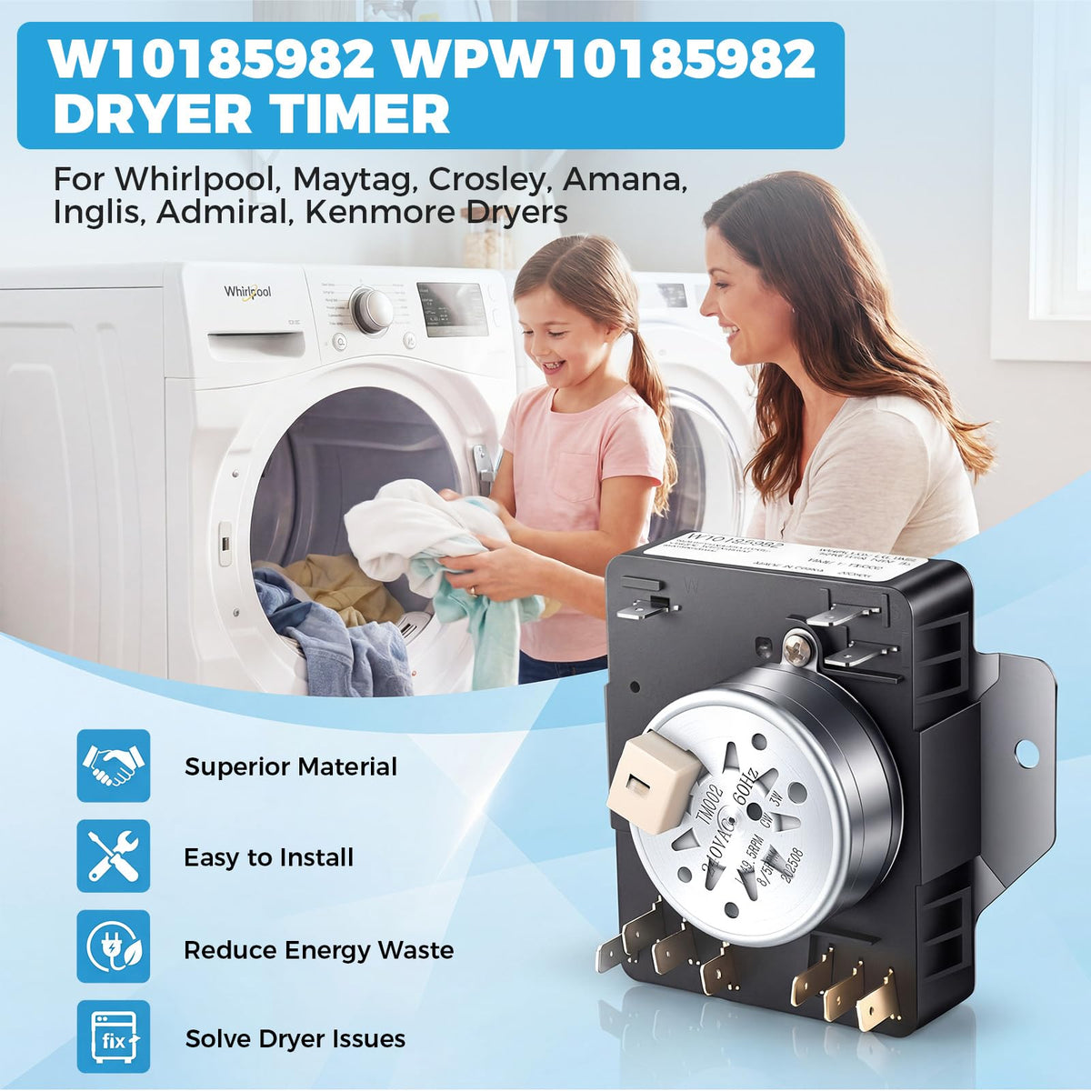 W10185982 WPW10185982 Dryer Timer Replacement, 230V 60Hz, 2-Year Warranty