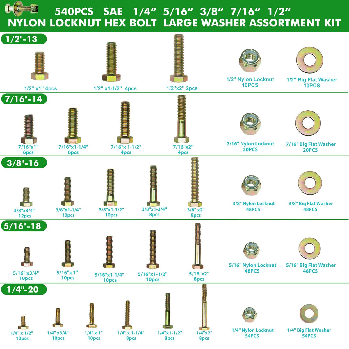 540pcs SAE Nylon Locknut Hex Bolt Flat Washer Assortment Kit