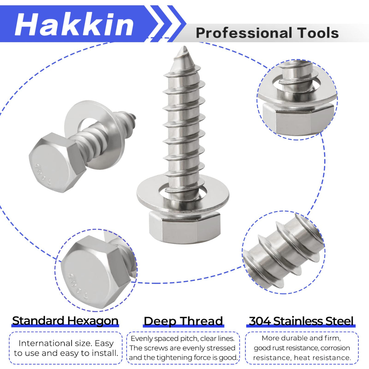 Hakkin 100PCS 1/4" 5/16" 3/8" Hex Lag Bolts Screws Washer Assortment Kit, Hexagon Head Lag Screws 304 Stainless Steel,Heavy Duty Wood Screws Assortment Kit Length Include 1" 1-1/4" 1-1/2" 2"