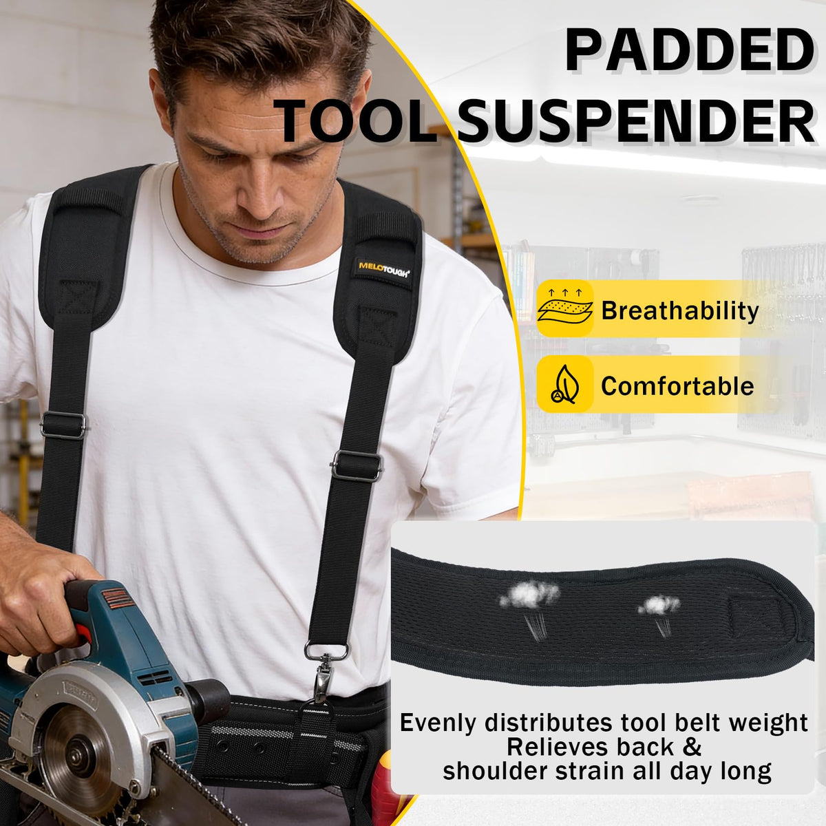 MELOTOUGH Tool Belt Suspender Adjustable Strap with 4-Point Hook Support