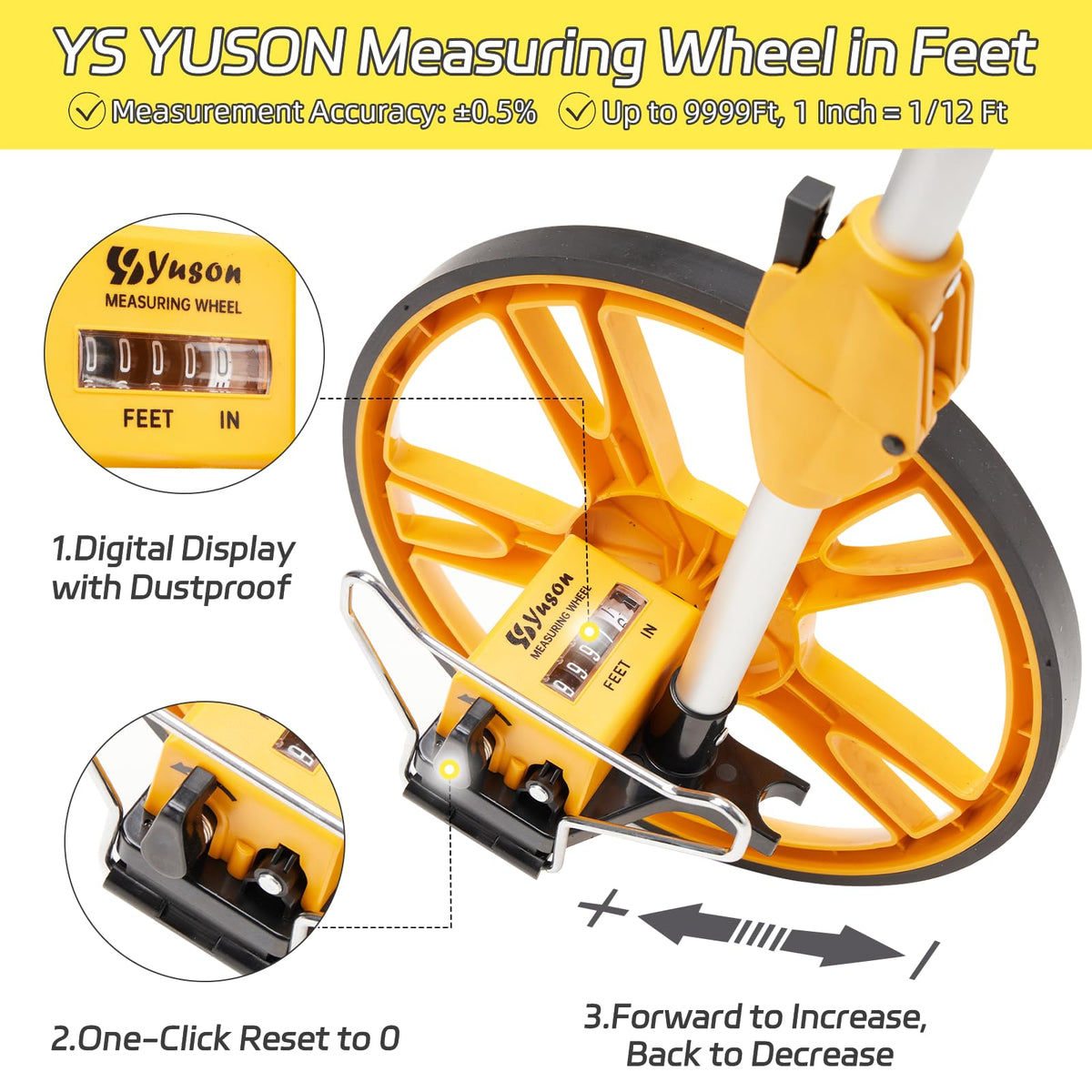 YS YUSON 12 Inch Rolling Measuring Wheel in Feet, Digital Measuring Wheel for Construction, Outdoor, Wheel Measurement Roller with Tape Measure and Canvas Carrying Bag, One Key to Reset, Up to 9999Ft