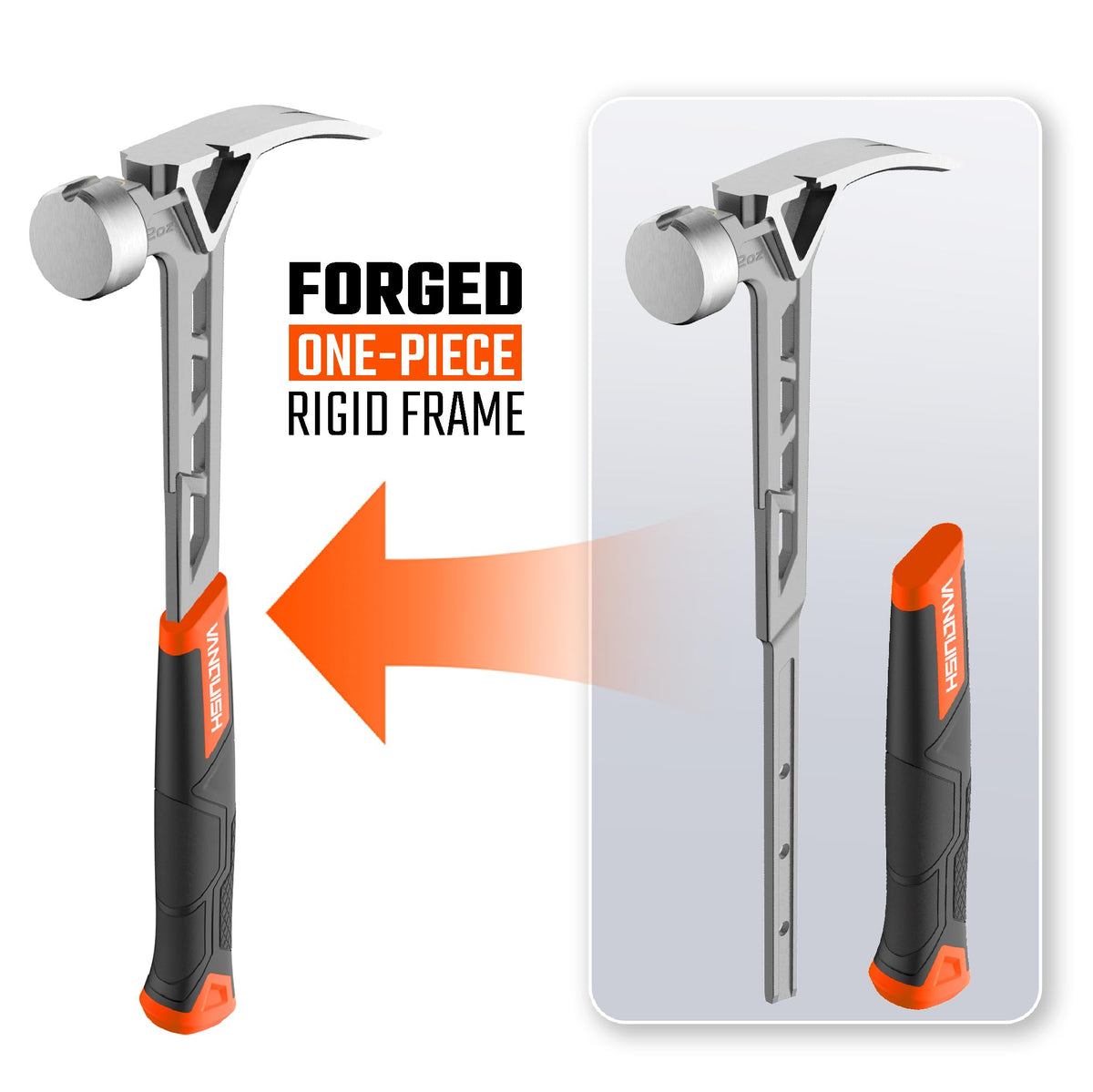 VANQUISH Framing Hammer 22oz One Piece Forged Straight Claw Hammer with Smooth Face & Shock Reduction Grip, Claw Hammer with Magnetic Nail Holder Side Nail Puller, 0630