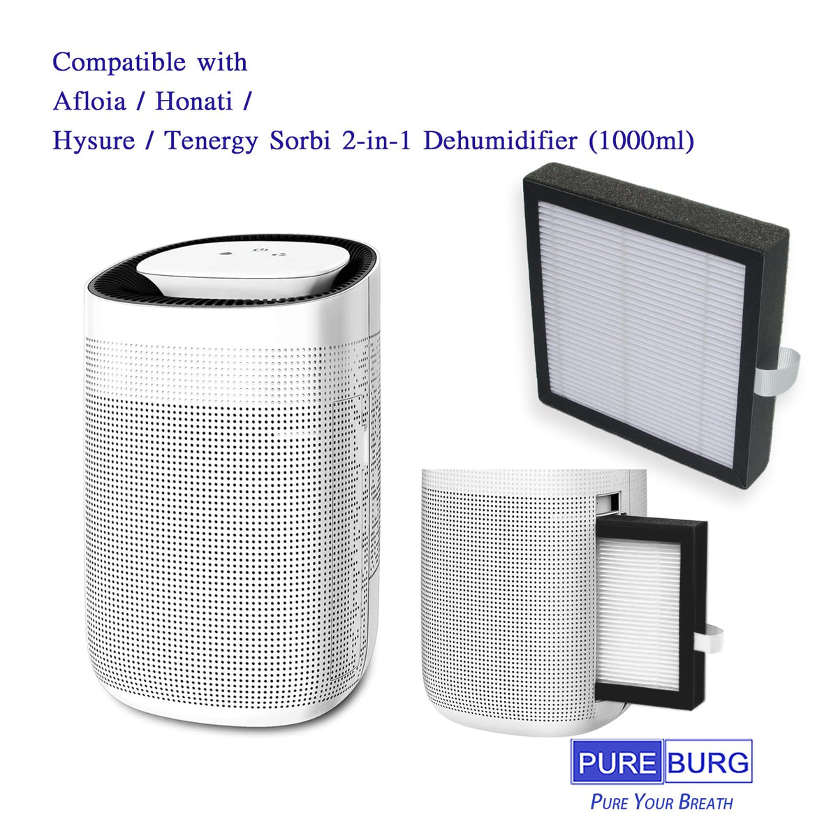 PUREBURG Replacement Filter Compatible with Afloia AQ8 Q8 & Honati Hysure Q7,Tenergy Sorbi 2-in-1 Dehumidifier (1000ML), 3-Pack HEPA