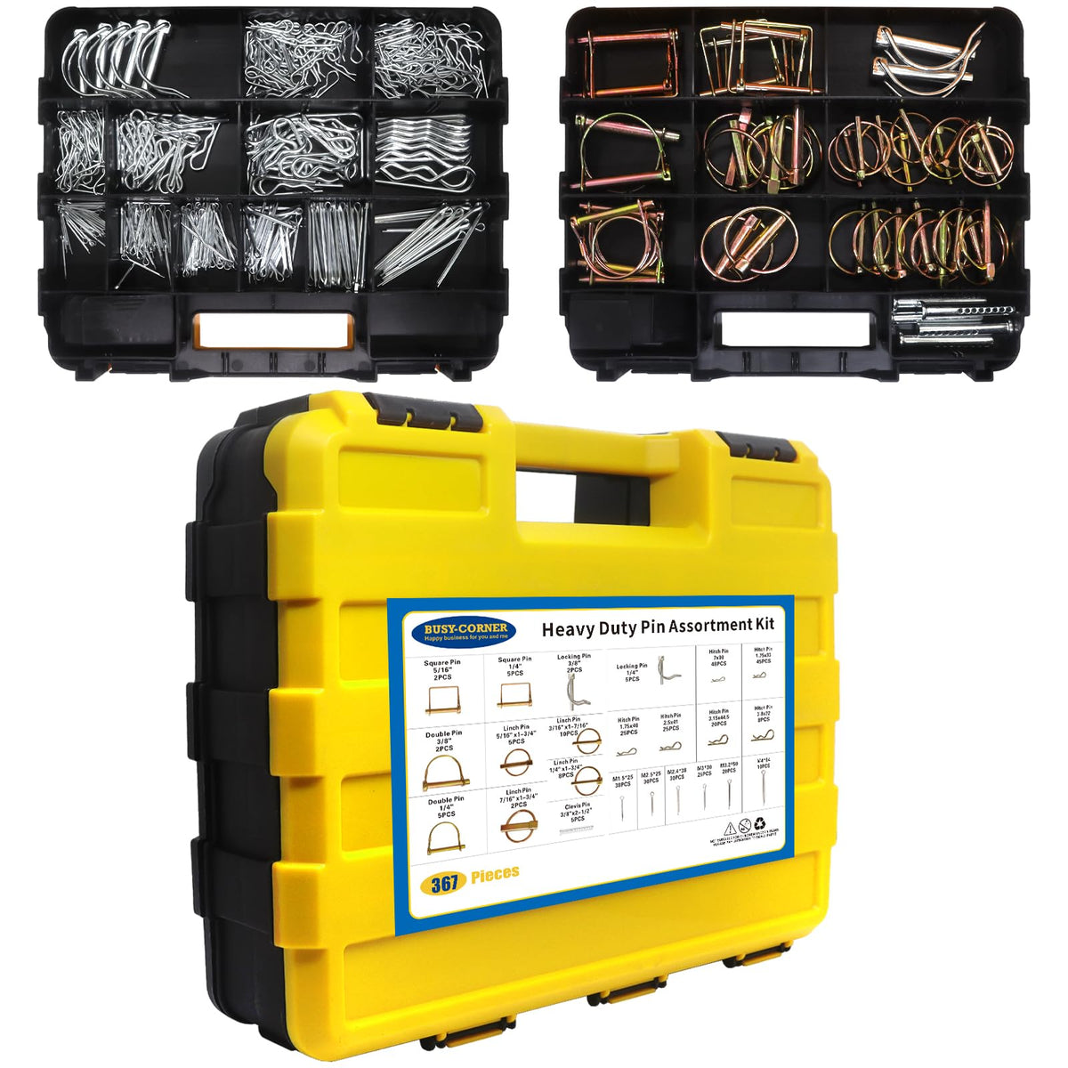 367 PCS Heavy Duty Pin Assortment Kit, Hitch Pins R Clip PIns/ Hair Pins/ Lynch Pins/ PTO Pins/ Cotter Pins/ Clevis Pins for Trucks Trailers Tractors Mowers 3 Point Accessories, Farm, Lawn and Garden
