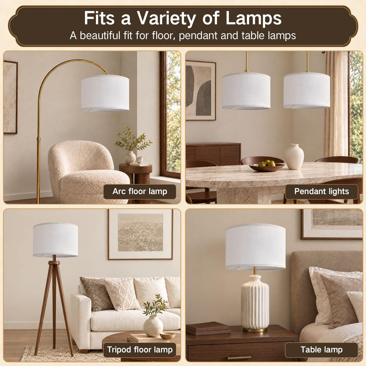 OUTON Beige Large Drum Lamp Shades for Floor Lamps, 17.5" Top x 17.5" Bottom x 10" High, Easy to Assemble, Replacement Linen Lampshades for Table Lamps & Bedside Lamps (1.65" Spider)