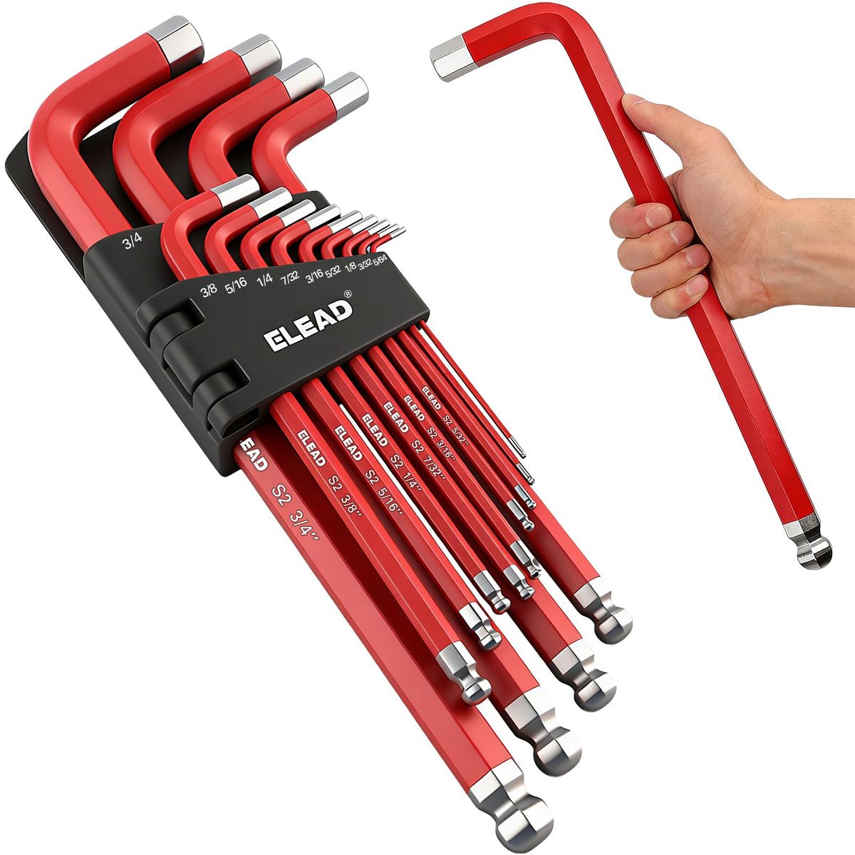 ELEAD Jumbo Hex Key Allen Wrench Set, 13-Piece SAE 5/64"-3/4", Long Ball End Durable S2, 4" - 13.5" Long, Automotive, Mechanic, Furniture, Professional Grade Tools