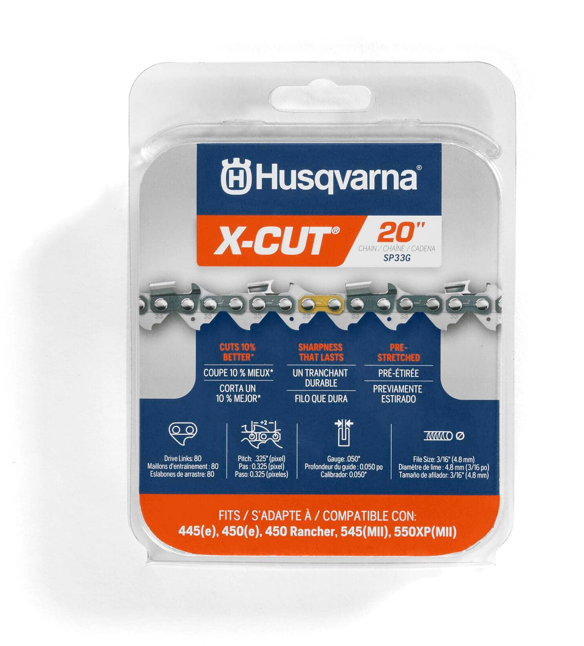 Husqvarna X-Cut SP33G 20 Inch Chainsaw Chain, .325" Pitch, .050" Gauge, 80 Drive Links, Pre-Stretched Chainsaw Blade Replacement with Superior Lubrication and Low Kickback, 581643680
