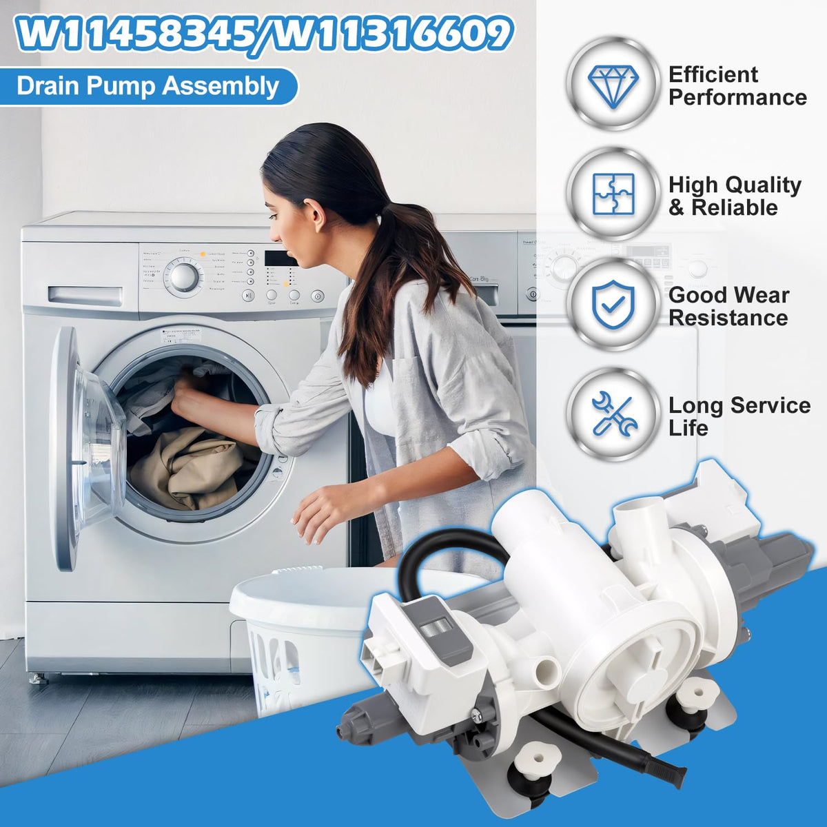 Upgraded W11458345 Washer Drain Pump W10918608 W11316609 W11319789