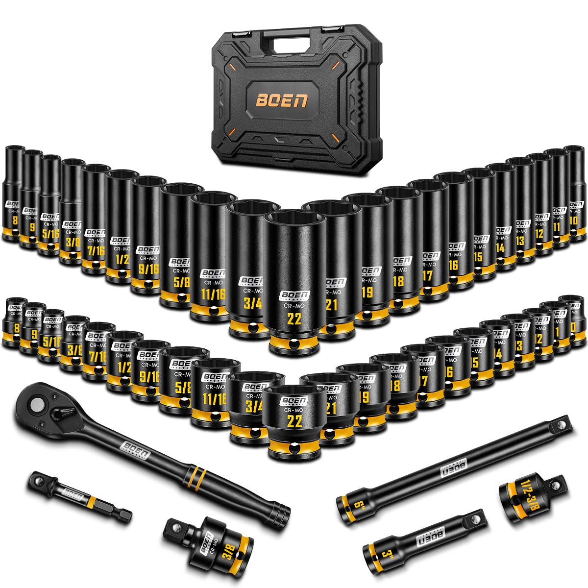 boen 3/8'' Drive Impact Socket Set, 50PCS Standard SAE (5/16 to 3/4 inch) and Metric (8mm-22mm), Deep & Shallow Size, 6-Point with Yellow Embossed Marking, CR-MO