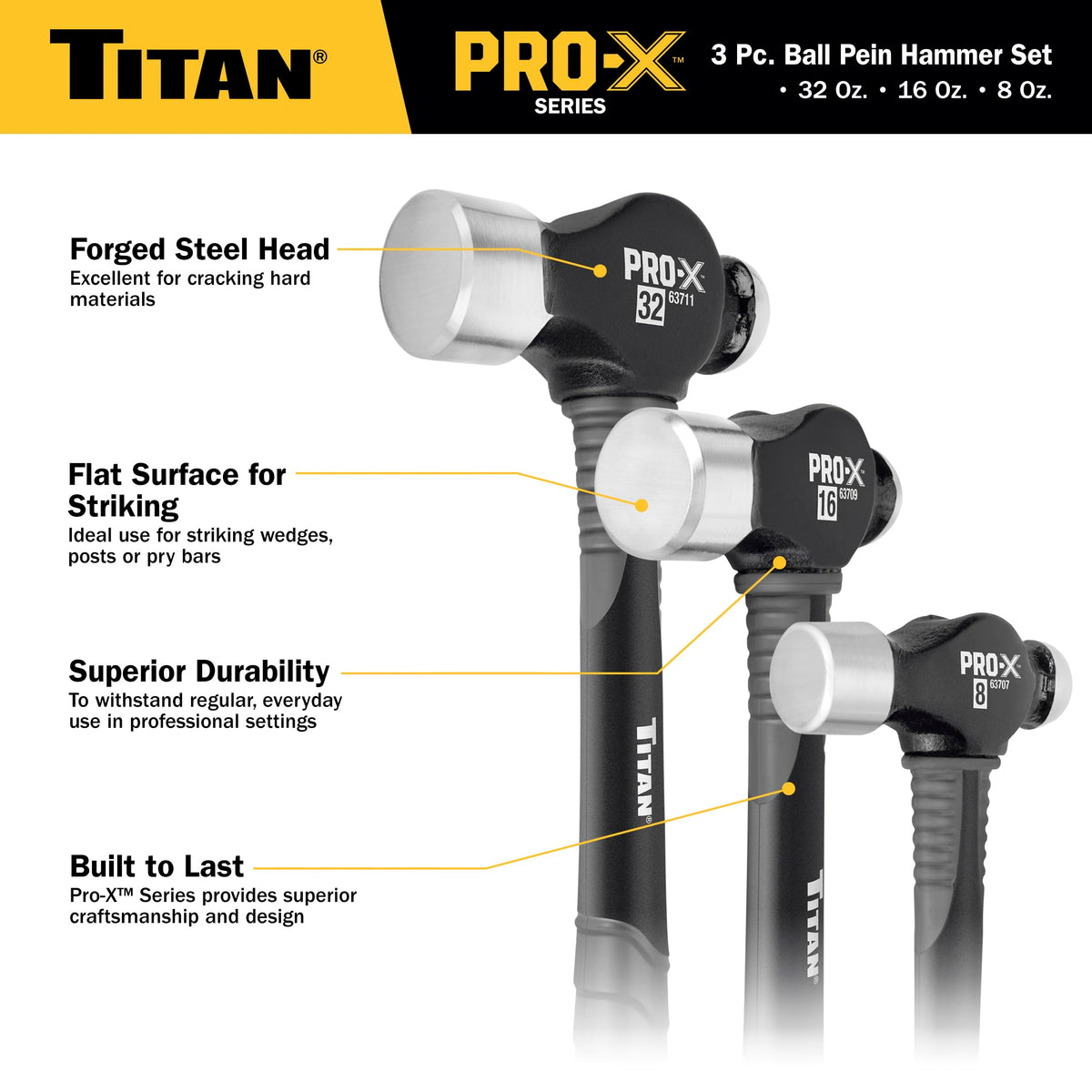 Titan Pro-X 63706 3-Piece Ball Pein Hammer Set, Includes 8oz, 16oz & 32oz Ball Peen, Overstrike Protection, Forged Steel Heads, Shock Absorbing Fiberglass Handles & Textured Grips