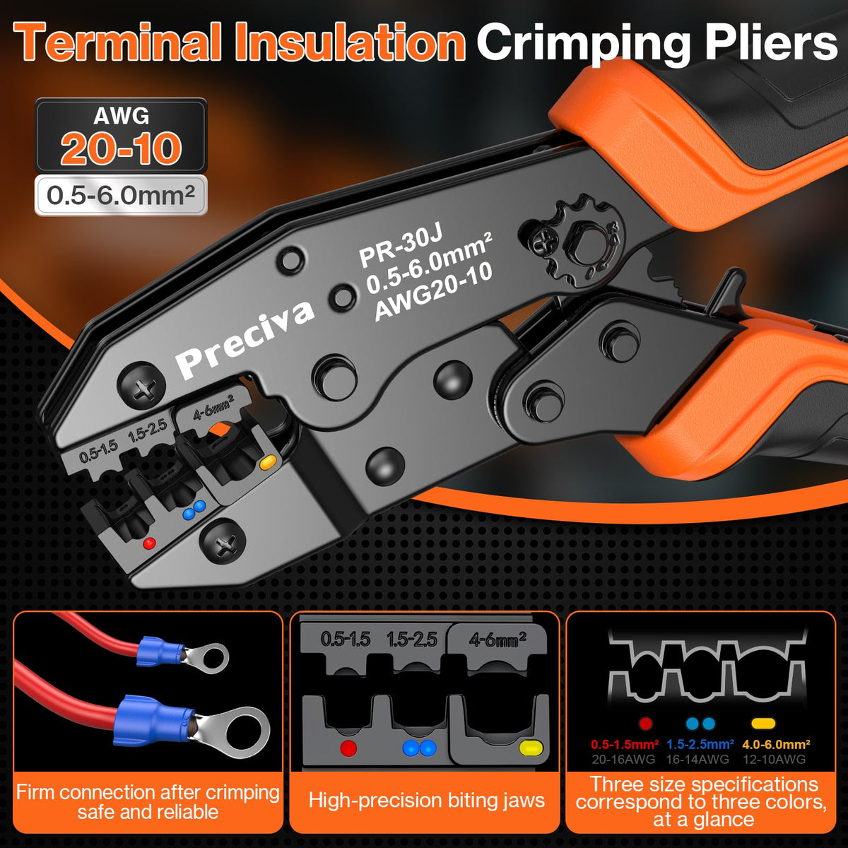 Preciva Crimping Tool for Insulated Terminals Wire Connectors, AWG20-10 Ratchet Crimper with 425 Pcs Insulated Terminals Connectors
