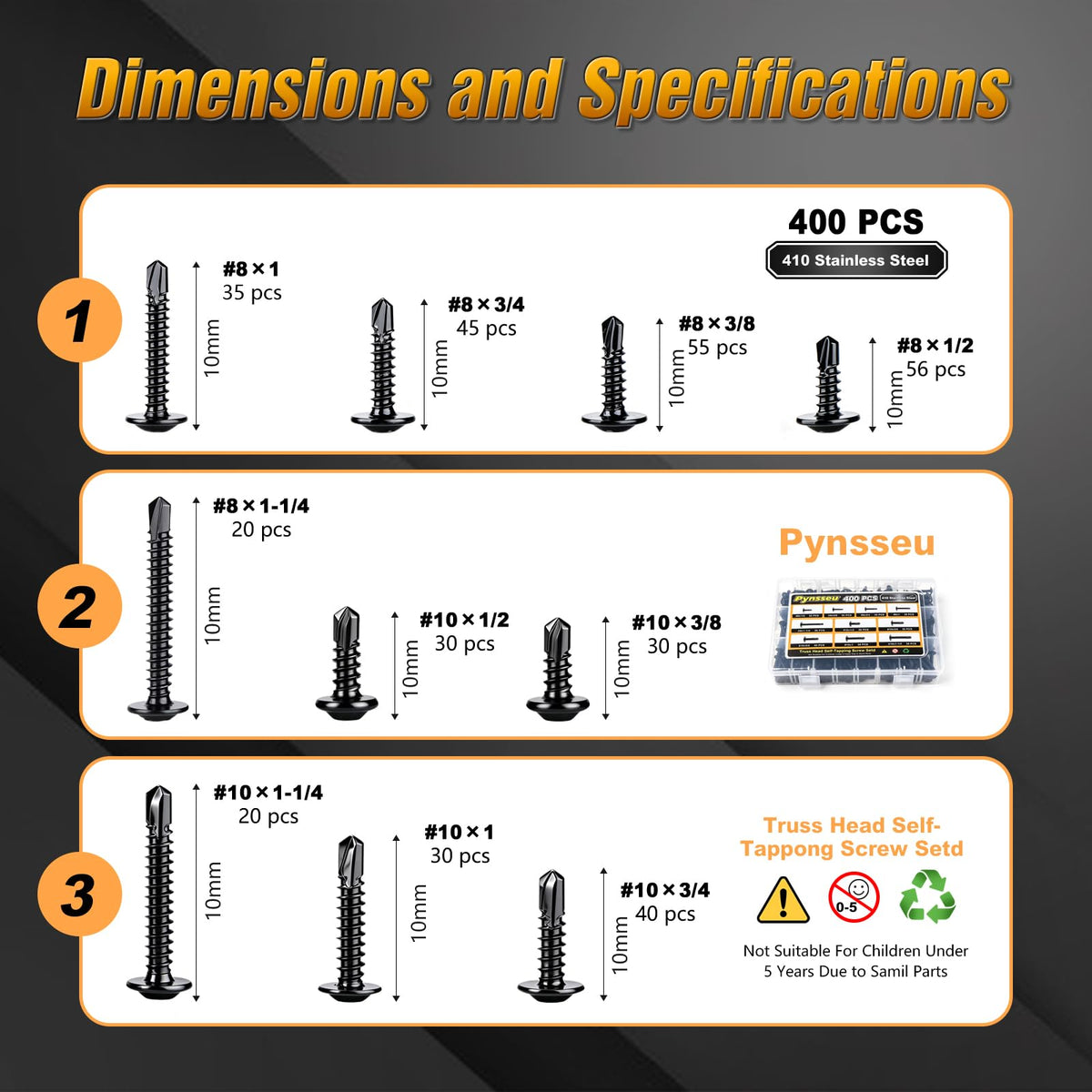 Pynsseu 400PCS #8#10 Self Tapping Screws Set for Metal,410 Stainless Steel