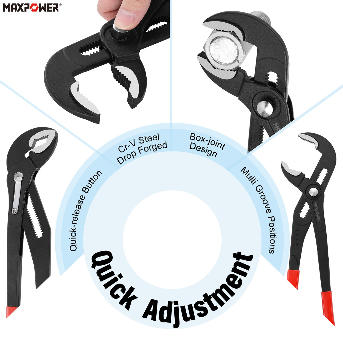 MAXPOWER 7" 10" 16" Water Pump Pliers Set, Push Button V Jaw, Quick Release