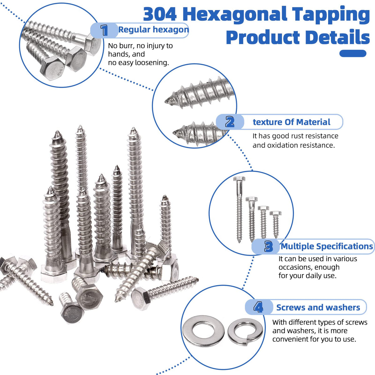 Glarks 201Pcs 1/4" 5/16" 3/8" 304 Stainless Steel Hex Lag Screws Assortment Kit Hex Lag Bolts with Flat Washers and Lock Washers Set for Fixing Metal, Wood, Plastic Materials