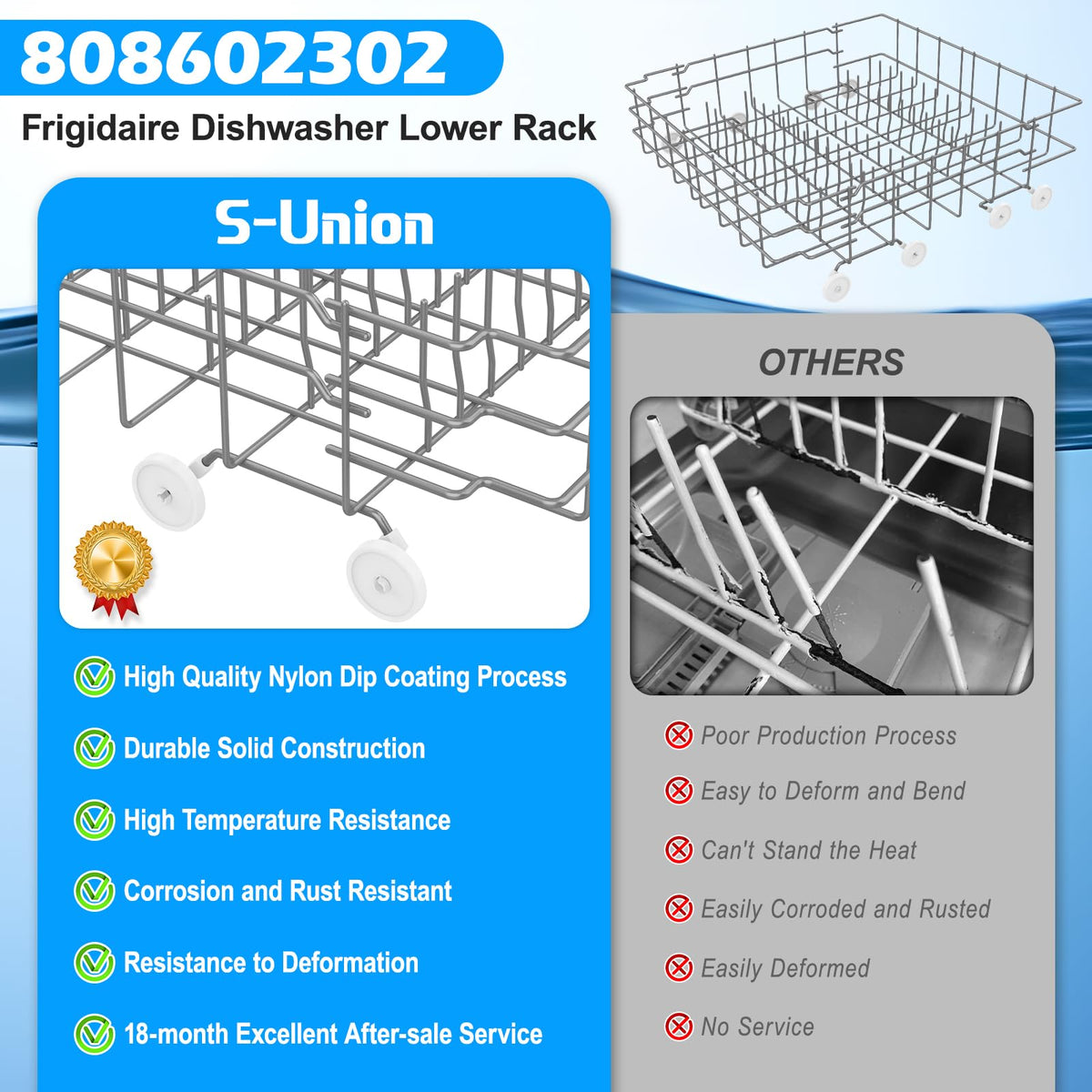Upgraded 808602302 Dishwasher Lower Rack Compatible with Frigidaire Dishwasher Rack Parts,808602302 5304535768 154432601 FDB1050RES0 Frigidaire Kenmore Dishwasher Bottom Rack Replacement with Wheel