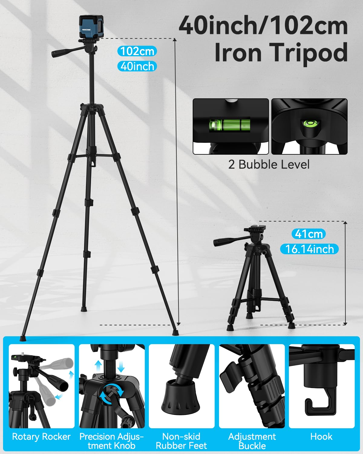Laser Level, RockSeed Cross Line Laser with Self-Leveling, Vertical and Horizontal Line, Rotatable 360 Degree, Carrying Pouch, Battery Included (40 Inch Tripod)