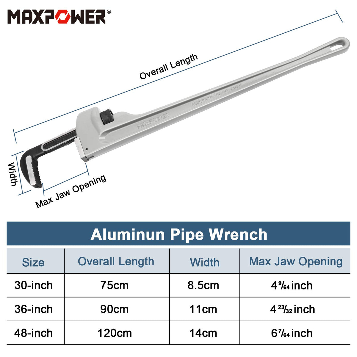 MAXPOWER 36-inch Pipe Wrench, 4.7” Jaw Opening, Aluminum Plumbing Wrench