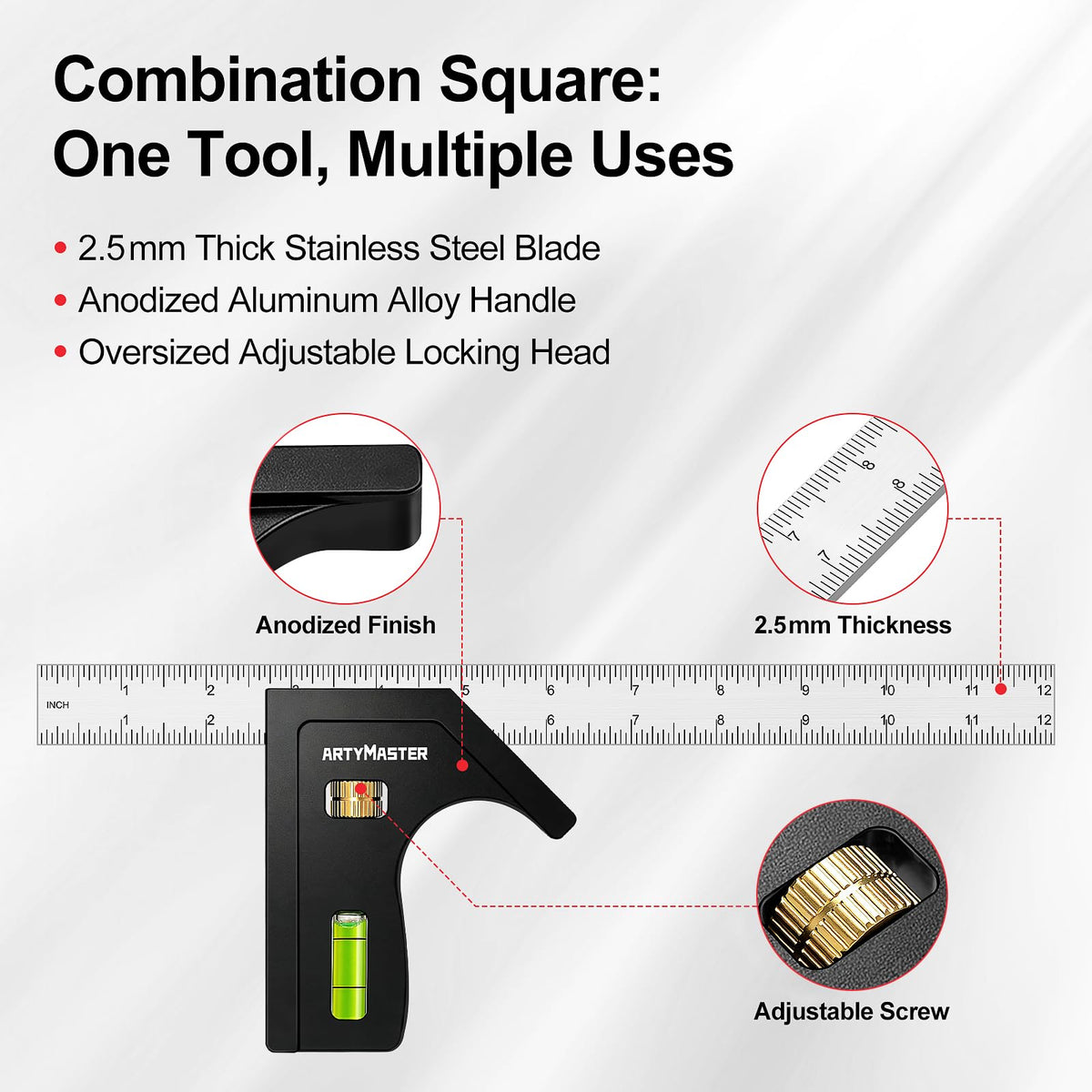 ArtyMaster 12'' Combination Square Adjustable Stainless Steel Layout Tool