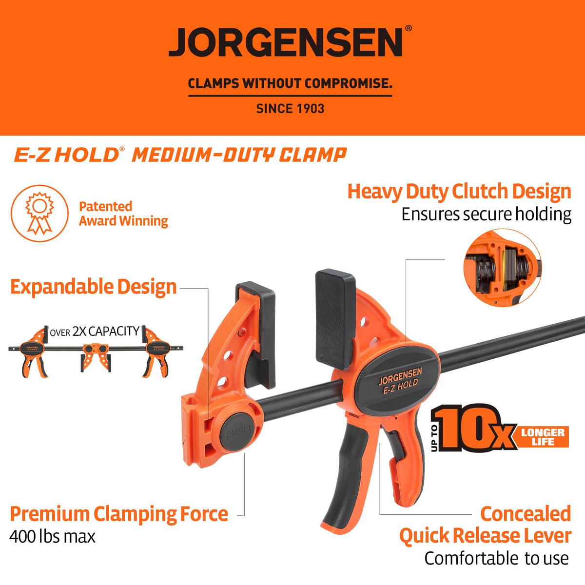 Jorgensen 36" E-Z Hold Medium-Duty Bar Clamps, 400 lbs Load Limit, 2-Pack