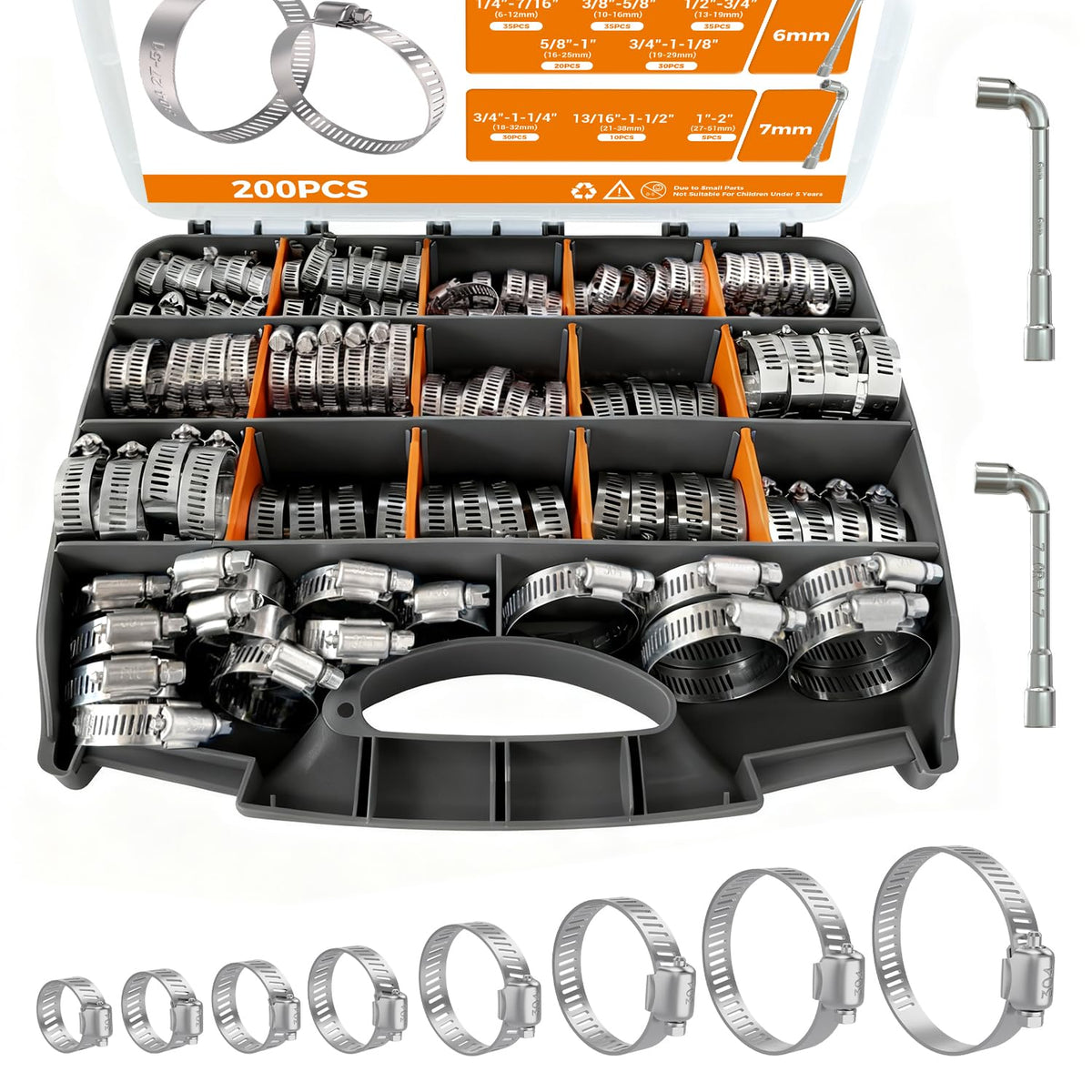 DREXON 200PCS Stainless Steel Hose Clamp Assortment Kit, 8 Sizes, 1/4"-2"