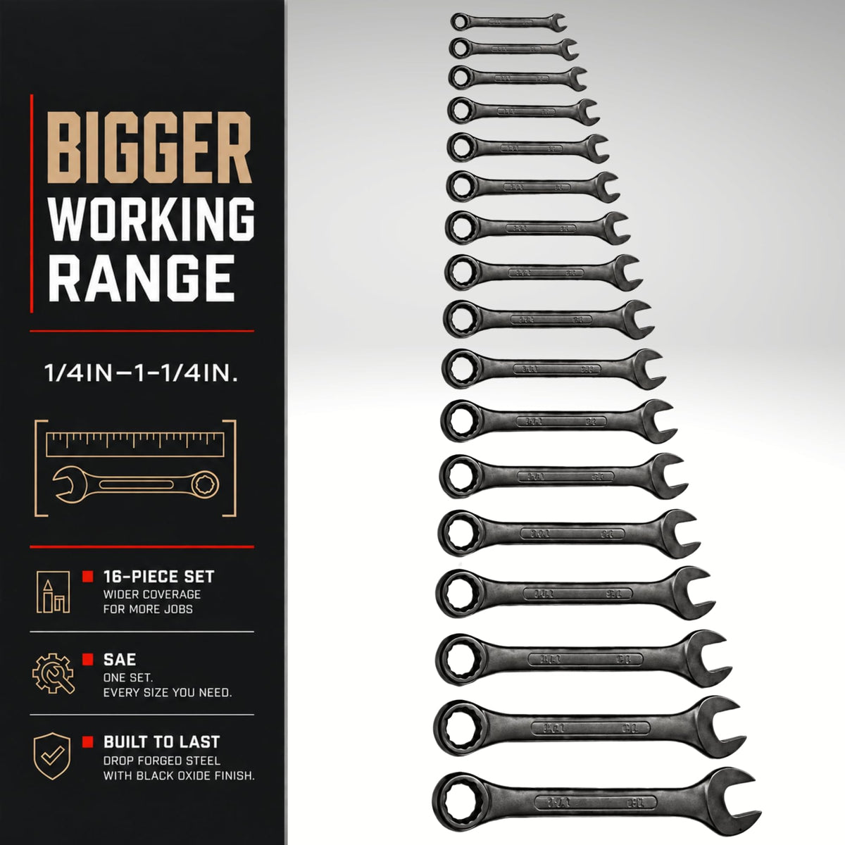 ABN SAE Combination Wrench Set, 16 Piece Standard Wrenches 1/4 to 1-1/4 Inch with Roll Up Pouch, Large Open and Box End Mechanic Tool Set