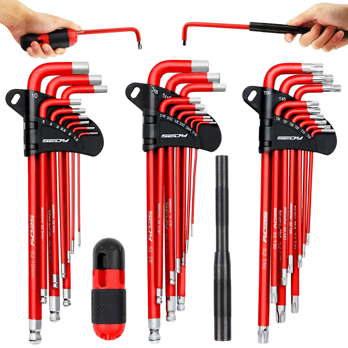 SEDY 30-Piece Long Arm Ball End L-Hex & Torx Key Set with Grip Handle, Ultimate Hex Key Wrench Set with T-Handle and Extension Bars, SAE 1/16" to 3/8", Metric 1.5mm to 10mm, Torx T10 to T50