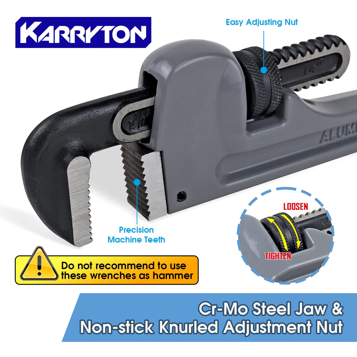 KARRYTON Aluminum Pipe Wrench Set, 10" 14" 18" 24"(4 Pack) Adjustable Straight Handle Plumbing Wrench Set, Heavy Duty Plumbers Tool with Drop Forged Jaw,Exceed the Standard GGG