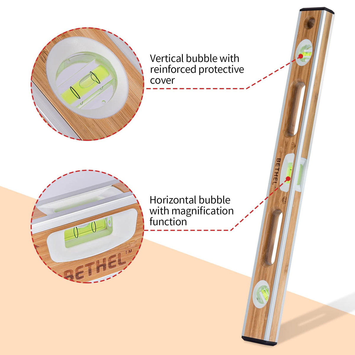 BETHEL Bamboo Level, 24 Inch Level Tool Resists Mortar Adhesion Measuring