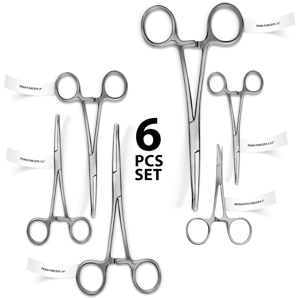 Hemostats ROCHESTER PEAN Forceps Locking Pliers Clamps Tongs Full Serrated Stainless Steel set (Curved 5,6.25,7.25, 8,10,12 Inches 6 pcs Set)
